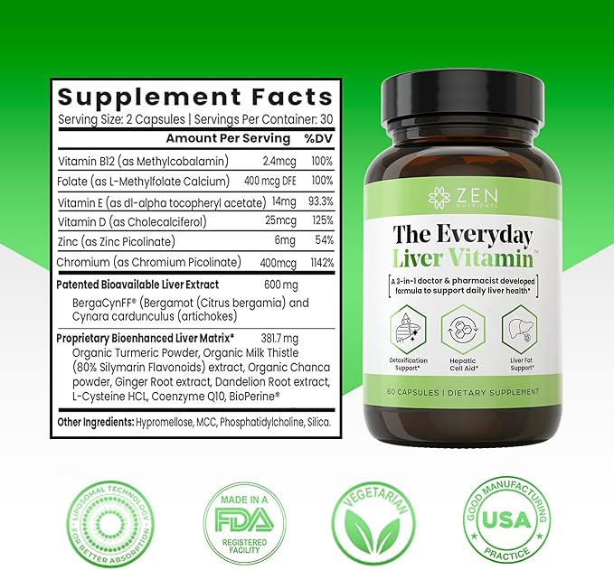 Zen Nutrients The Everyday Liver Vitamin - Liver Cleanse Detox &amp Repair with Bergacyn FF Organic Milk Thistle Dandelion Root &amp Artichoke Extract for Liver Health - Fatty Liver Support Supple