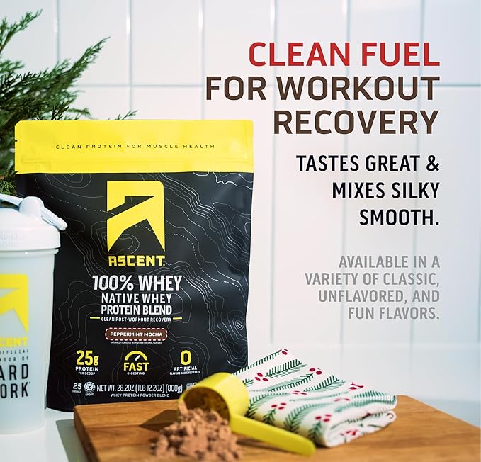 Ascent 100% Whey Protein Powder - Post Workout Whey Protein Isolate Zero Artificial Flavors &amp Sweeteners Gluten Free 5.5g BCAA 2.6g Leucine Peppermint Mocha 1.7 lb