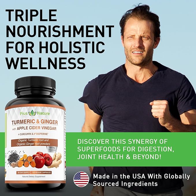 120 Capsules of USDA Organic Turmeric Root Powder USDA Organic Ginger Powder and Apple Cider Vinegar Powder with Curcumin (95% Curcuminoids) and Bioperine 1410 mg per Serving in Veggie Capsules