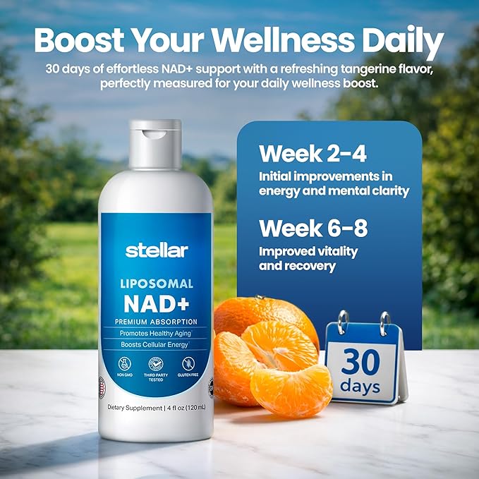 Stellar Liposomal NAD+ Liquid Supplement – Premium Absorption for Healthy Aging &amp Cellular Energy – Non-GMO Gluten-Free Third-Party Tested – 4 fl oz (120 mL)