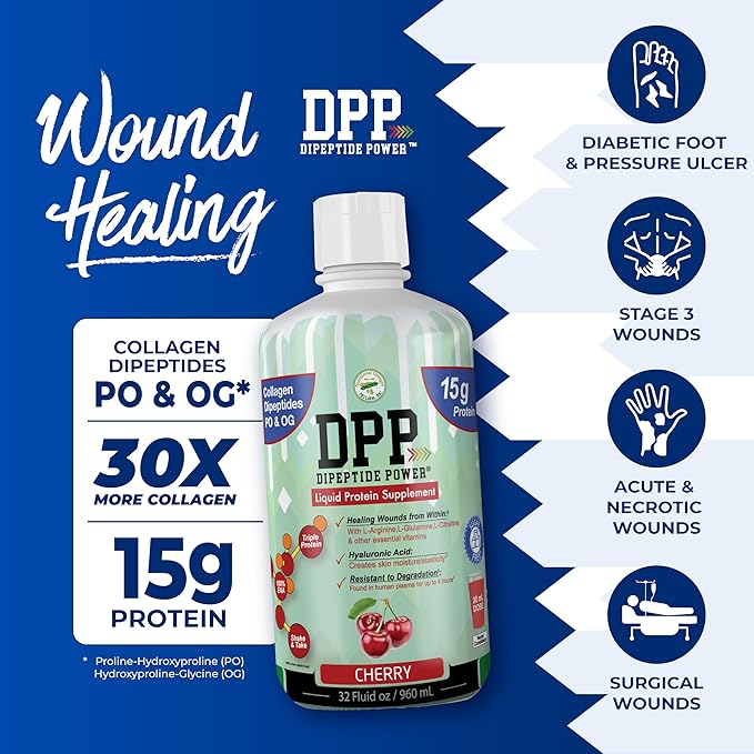 DPP Dipeptide Power Wound-Healing 30X More Collagen Dipeptides Than Powder Liquid Protein Supplement Sugar-Free Supports Healthy Tissue Repair Foot Ulcers Cosmetic Surgery (Cherry 32 Fl Oz)