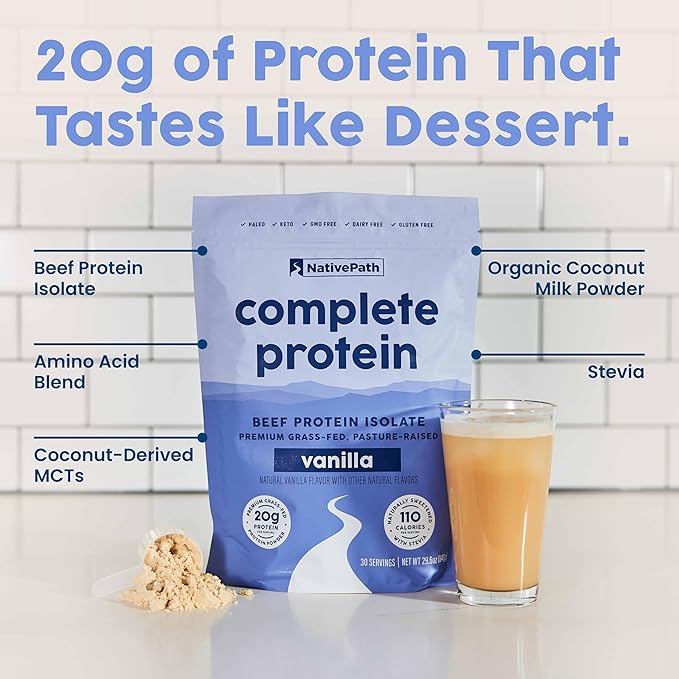 NativePath Vanilla Beef Protein Powder - 20g Protein 30 Servings - Grass-Fed Pasture-Raised Isolate with MCTs - Dairy Free Zero Sugar Keto &amp Paleo Friendly