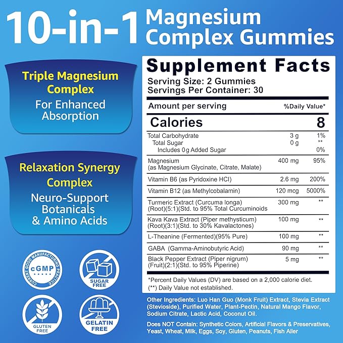 Magnesium Complex Gummies 400mg Magneisum Glycinate Citrate Malate + Turmeric GABA B6 B12 Kava Kava L-Theanine for Sleep Calm Relaxation Energy Magnesium Gummies for Women Men Vegan 2 Pack
