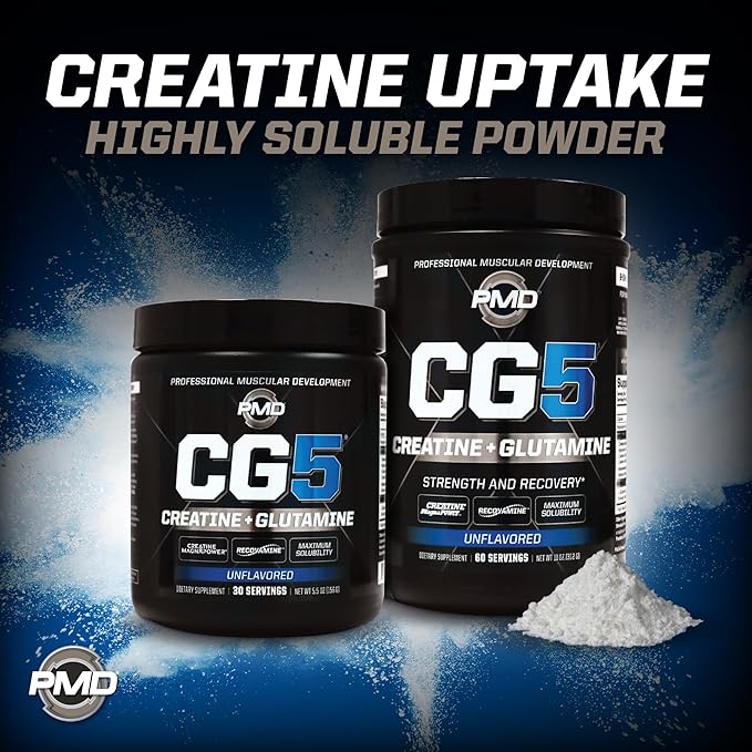 PMD Sports CG5 Premium Creatine &amp L Glutamine Powder Power Recovery Build Lean Muscle Increase Workout Performance Maximum Strength Pre Workout &amp Post Workout Unflavored 60 Servings (Pac