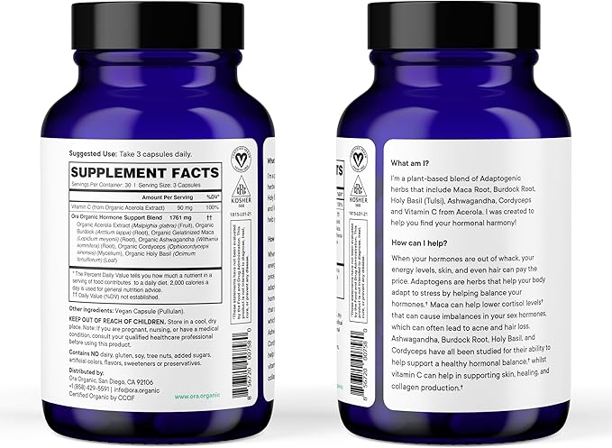 Ora Organic Hormone Balance &amp Turmeric Curcumin Supplement Bundle: Elevate Mood Energy &amp Joint Health Naturally Acerola Cherry + Pure Turmeric Enhanced by Piperine - 90 Vegan Tablets