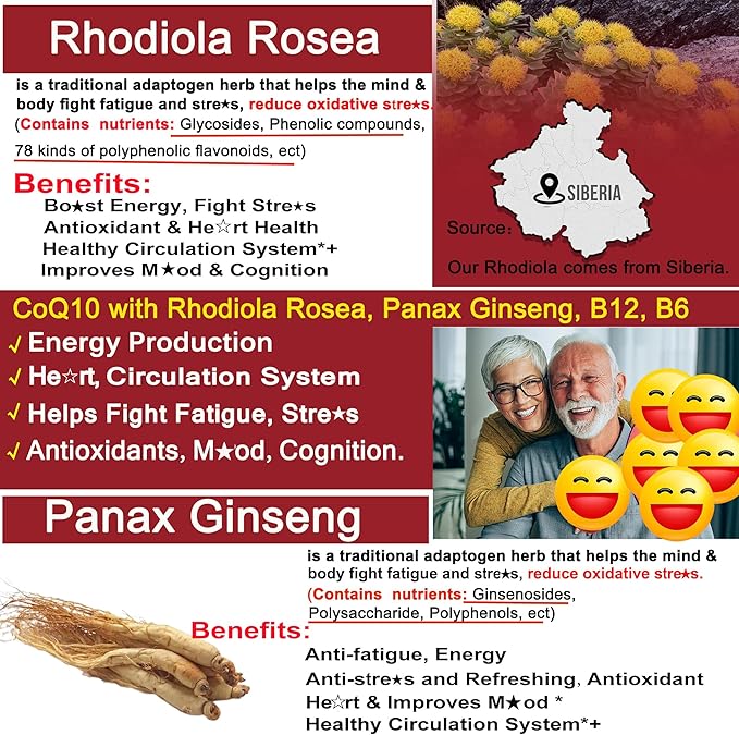 Sugar Free CoQ10 Gummies 200mg/400mg w/ Methyl B12 1000mcg B6 Rhodiola Rosea &amp Panax Ginseng Ultra Absorption CoQ10 Supplement for Energy Hear-t Health Antioxidant &amp Brain Support60-Day