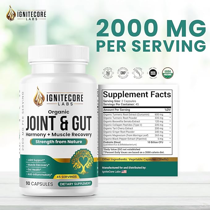 Organic Joint &amp Gut Harmony – Turmeric Ginger Collagen Magnesium &amp Probiotics Blend – Plant-Based Daily Supplement – 90 Vegetable Capsules Made for General Well-Being and Everyday Support