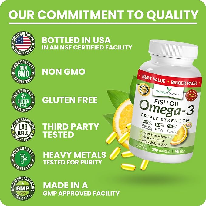Triple Strength Omega 3 Fish Oil Supplements 2400mg | 180 Capsules Burpless High Potency Lemon Flavor High EPA DHA for Men &amp Women Ultra Pure Softgels | Joint Support Eyes Heart Brain Health P