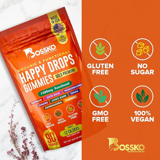 Happy Drops – Daily Superfood Gummies for Mood Support Focus and Energy – Sugar-Free Vegan Blueberry Flavor – 90 Gummies for Adults – Daily Support for Mood Focus and Natural Energy