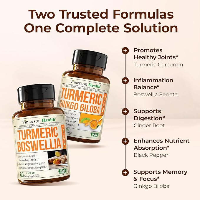 Boswellia Turmeric Curcumin Supplement + Turmeric Ginkgo Biloba Bundle – Natural Turmeric Supplement for Focus Memory Joint &amp Brain Health – with Ginger Root Curcuma Black pepper &amp Organic