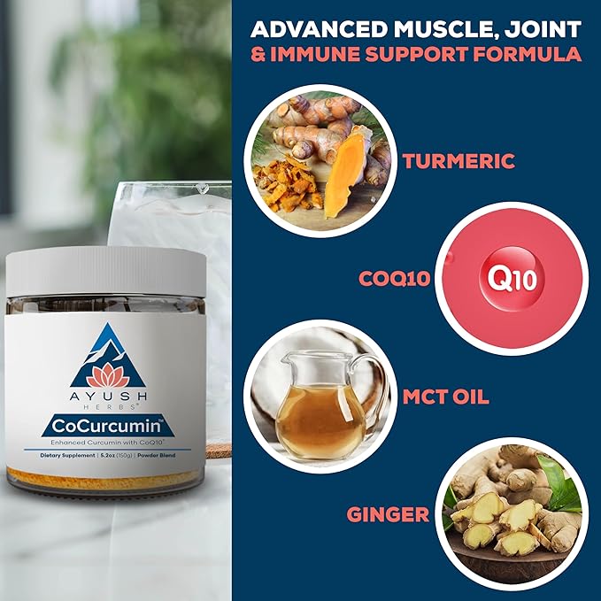 Ayush Herbs CoCurcumin - Turmeric Powder Curcumin Powder with Black Pepper CoQ10 MCT Oil for Glowing Skin Joint Muscle and Gut Health - 4.2 Oz Jar (30 Servings)
