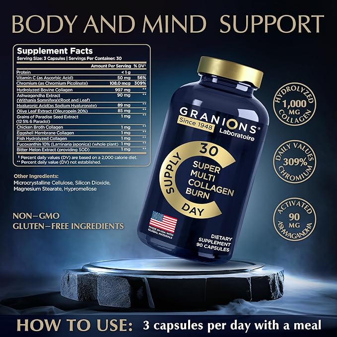 Granions Thermogenic Hydrolyzed Collagen Burn - Hyaluronic Acid Vitamin C - Cellulite Defense and Dermal Repair Multi Collagen Peptides Capsules for Women and Men - 90 Pills
