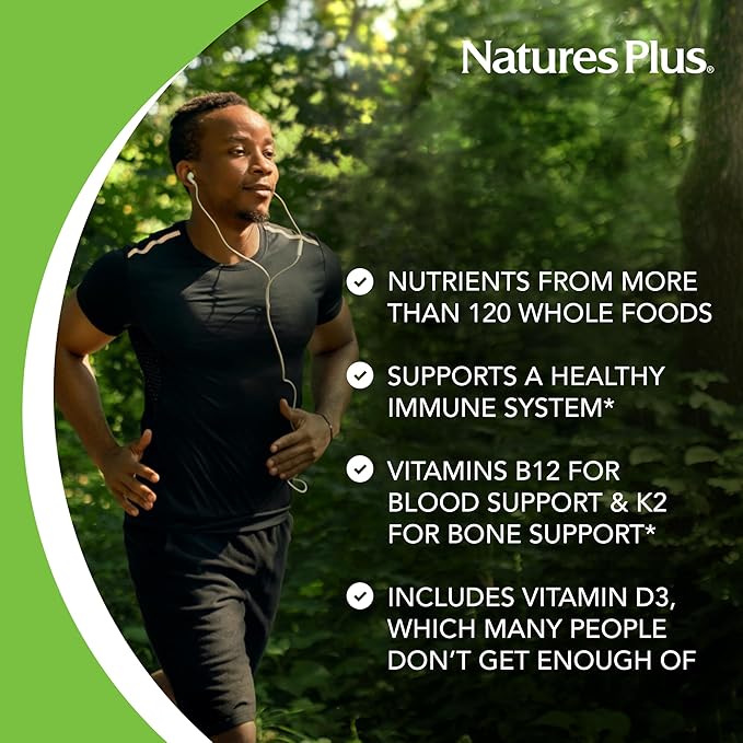 NaturesPlus Source of Life GOLD Multivitamin - 180 Tablets - Blood Support Bone Support Healthy Immune System - Includes Vitamins D3 B12 K2 &amp Over 120 Whole Food Nutrients - 60 Servings