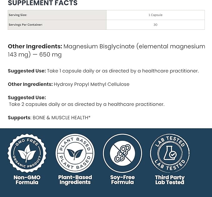 Magnesium Bisglycinate – 60 Vegan Capsules – 650 mg per Serving – Supports Relaxation Muscle &amp Nerve Function – Non-GMO Soy-Free – Third-Party Lab Tested Dietary Supplement