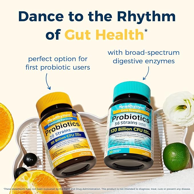 NewRhythm Probiotics 50 Billion CFU 20 Strains 120 Veggie Capsules Targeted Release Technology Stomach Acid Resistant No Need for Refrigeration Non-GMO Gluten Free
