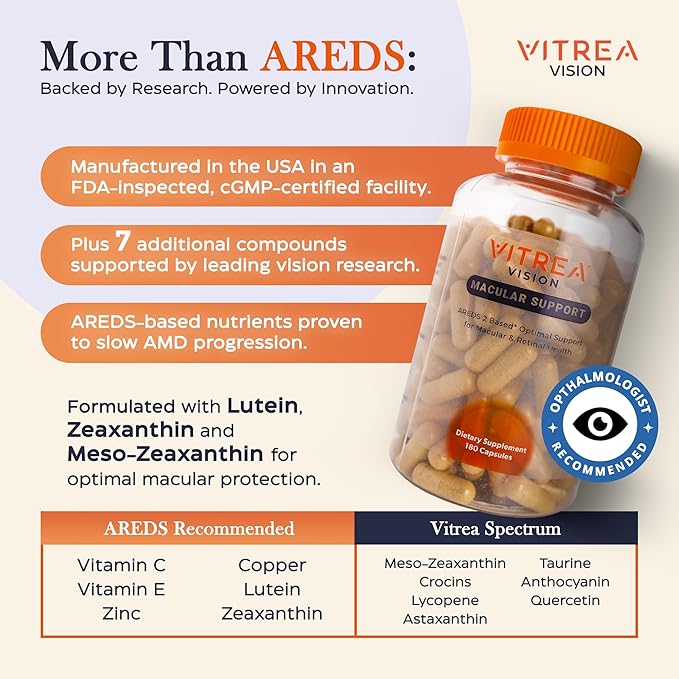 Vitrea Health Vision Macular Support – AREDS2 Eye Supplement with Lutein Zeaxanthin Marigold &amp 13 Nutrients – Helps Protect Against Blue Light – No Dyes or Titanium Dioxide – Retinal Health Supp