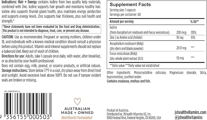 JSHealth Hair Growth Vitamins for Women. Hair + Energy with Kelp Iodine and Zinc. Supports Thickness Strength Energy. Nutritionist-Formulated (60 Capsules)
