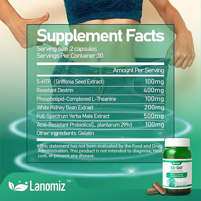 14DAY Appetite &amp Craving Control Gut Health Complex Featuring Delayed-Release Probiotics &amp White Kidney Bean Extract 5-HTP(5-hydroxytryptophan) 60 Vegetarian Capsules