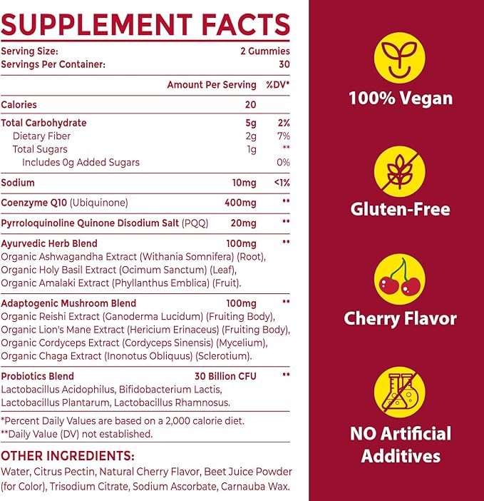 CoQ10 Gummies with PQQ - 400 MG Coenzyme Q10 High Potency Enhanced with Ayurvedic Herbs Adaptogenic Mushroom Blend &amp Probiotics for Heart Brain Energy Immunity Cherry Flavor 120 Vegan Gummi