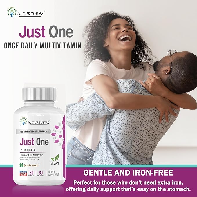 Just One Daily Methylated Multivitamin with Methyl B12 Quatrefolic Methylfolate Pure MTHFR Supplement for Men and Women Without Iron 2 Bottles (60 Vegan Capsules) USA-Made