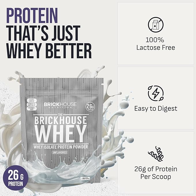BRICKHOUSE NUTRITION Whey Protein | Fermented Whey Isolate Protein Powder | Lactose-Free Post-Workout Recovery Powder - Unflavored (1-Pack)