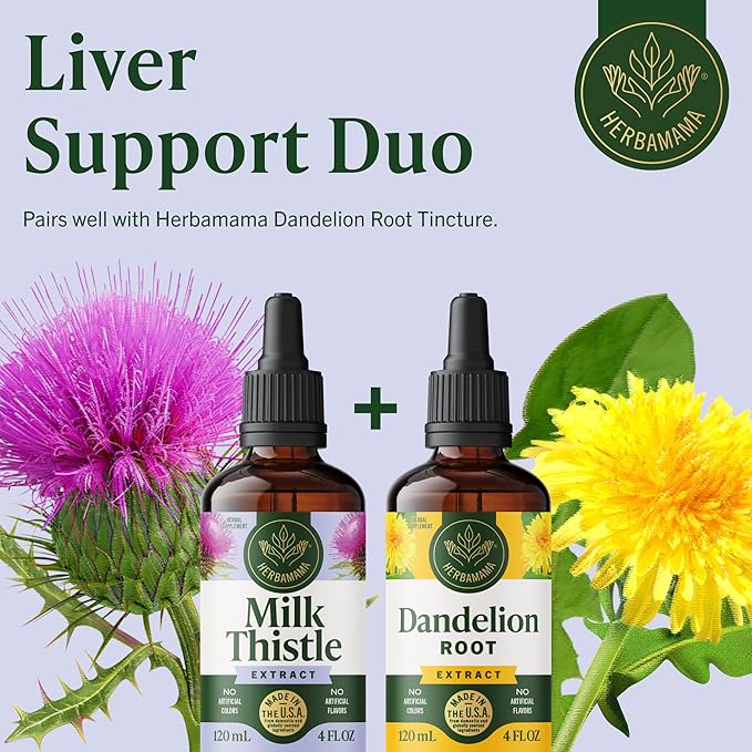 HERBAMAMA Milk Thistle Supplement - Vegan Liver Support with Milk Thistle Extract Tincture - Non-GMO Alcohol &amp Sugar-Free Liquid Silymarin Liver Detox Drops 56-Day Supply