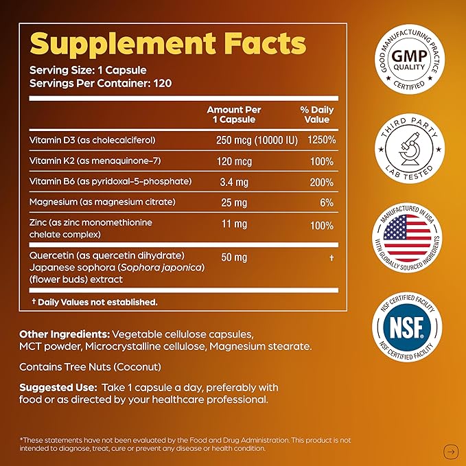 Sandhu's Vitamin D3 K2 Magnesium 10000 IU 120mcg K2 Capsules 120 Count (Pack of 1) | with VIT B6 Zinc &amp Quercetin | D3K2 Supports Superior Absorption Energy Immune Muscle Health for Men &amp