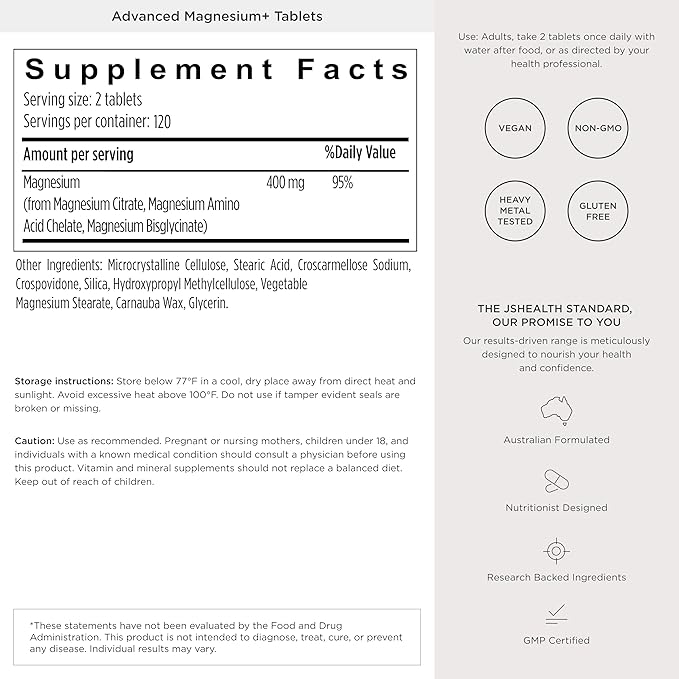 JSHealth Vitamins Advanced Magnesium Supplements with Magnesium Glycinate &amp Citrate for Muscle Relaxation (120 Tablets)