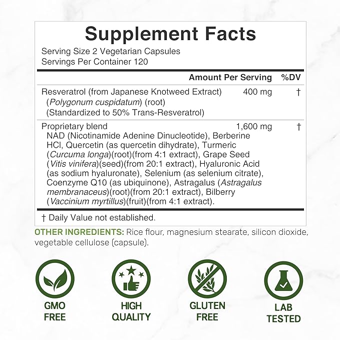 Resveratrol Complex 2000mg 240 Veggie Capsules – Extra Strength Trans-Resveratrol with NAD Quercetin Curcumin Grape Seed &amp More – Healthy Aging Antioxidant for Energy &amp Brain Support