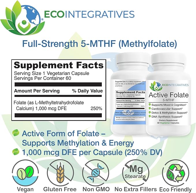EcoIntegratives® Active Folate 5-MTHF – Methylated Folate 1000 mcg (1700 mcg DFE) – Bioavailable B9 for Mood Methylation Prenatal and Heart Health* – Vegan Gluten-Free Non-GMO – 60 Capsules