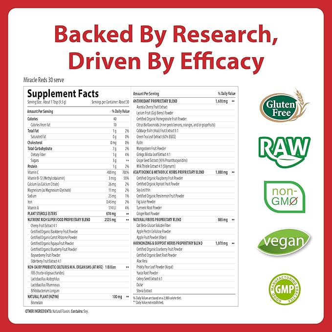 MacroLife Naturals Miracle Reds Superfood Powder 19 Blended Fruit &amp Berry Polyphenols Enzymes Probiotics &amp Antioxidants Supplement - Raw Non-GMO &amp Vegan Whole Food Vitamins - 30 Servings