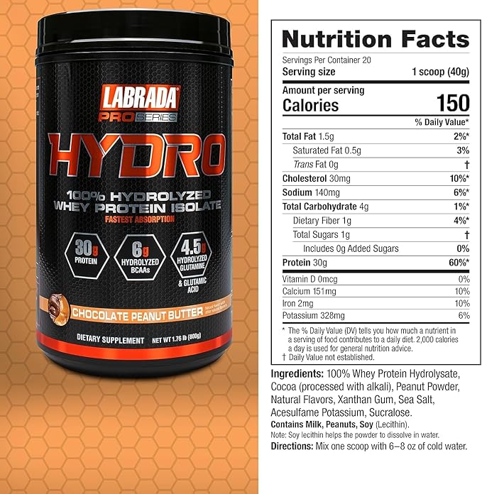 LABRADA HYDRO 100% Pure Hydrolyzed Whey Protein Isolate Powder Lactose free 6g BCAA’s 4.5g Glutamine Fastest Digesting Whey Available Instant Mixing Delicious Taste 20 Servings Choc PeanutButter