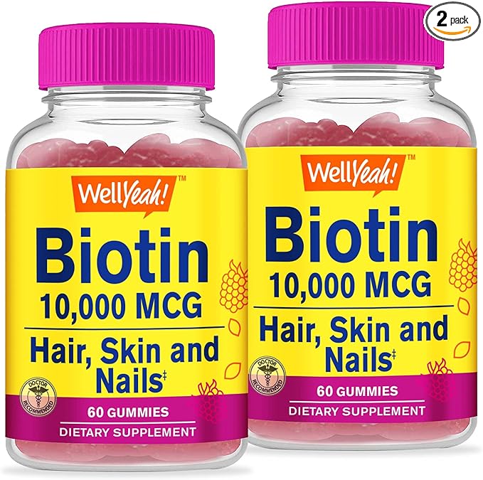 WellYeah High Potency Biotin 10000 mcg Gummies 2 Pack - for Stronger Hair Skin &amp Nails - Vegan-Friendly Gluten-Free Non-GMO and Delicious Berry Flavor - 60 Gummies