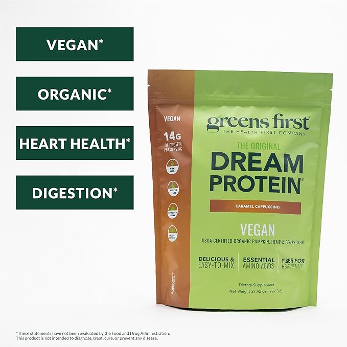 Greens First Dream Protein Plant-Based Vegan Powder - USDA Organic Pumpkin Hemp &amp Pea Protein - Gluten-Free Non-GMO No Added Sugar (Caramel Cappuccino 27.42 oz)