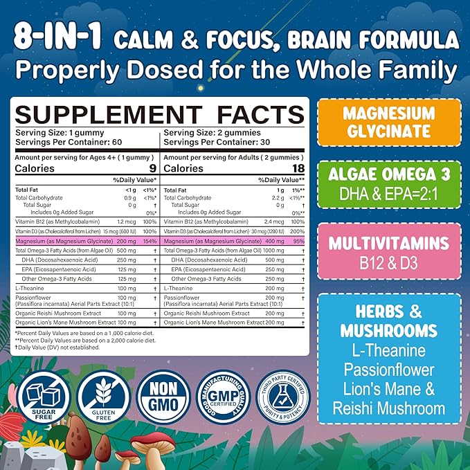 Calm Focus Magnesium Gummies for Adults &amp Kids + L-MethylFolate 15mg &amp Methyl B12 Gummies