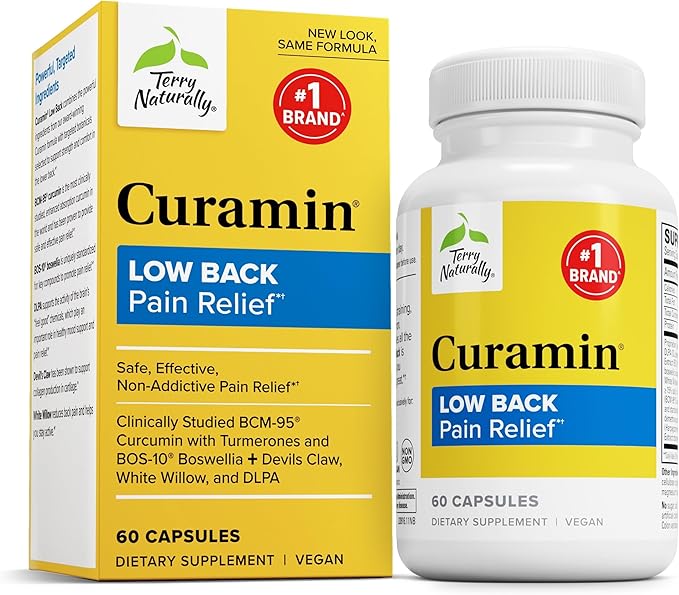 Terry Naturally Curamin Low Back Pain Relief - 60 Capsules - with Curcumin Boswellia &amp DLPA - Non-GMO Vegan Gluten Free - 20 Total Servings
