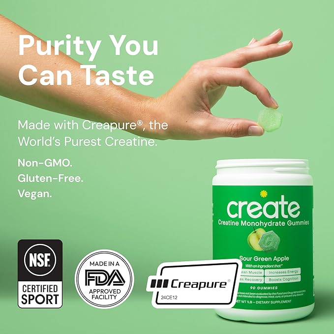 Create Creatine Monohydrate Gummies for Men &amp Women Boost Focus Strength and Endurance Anti-Melting Formula Vegan Gluten-Free Non-GMO 1.5g of Creatine per Gummy (Sour Green Apple)