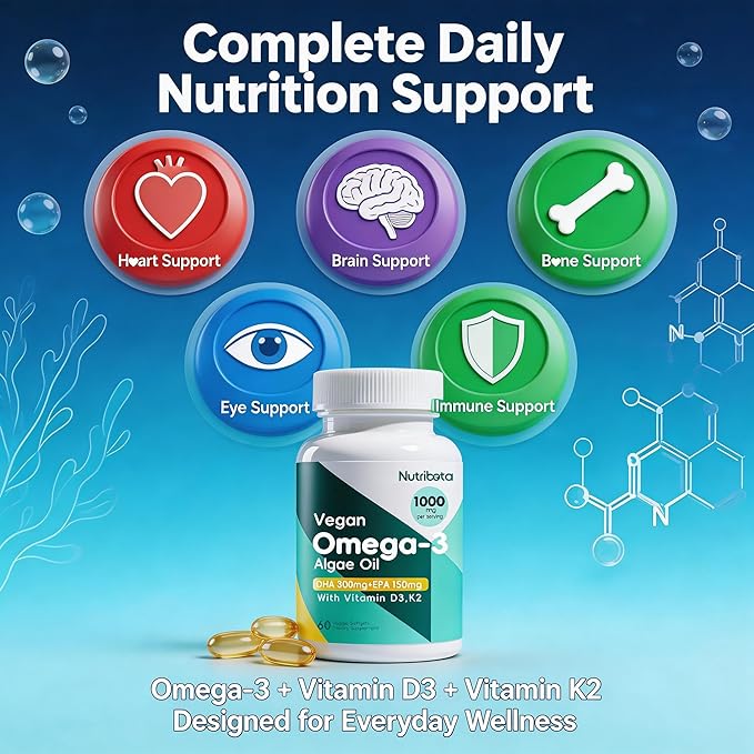 Vegan Omega-3 Algae Oil Supplement with DHA 300mg &amp EPA 150mg Plant-Based Omega-3 with Vitamin D3 &amp K2 Fish-Free Algal Oil Softgels for Men &amp Women 60 Softgels 30 Day Supply