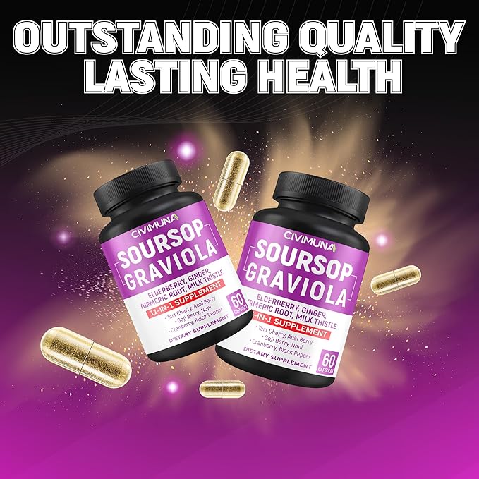 Soursop Graviola Capsules with Elderberry Turmeric Curcumin and More - 120 Capsules for 4 Months Supply (Pack of 2)