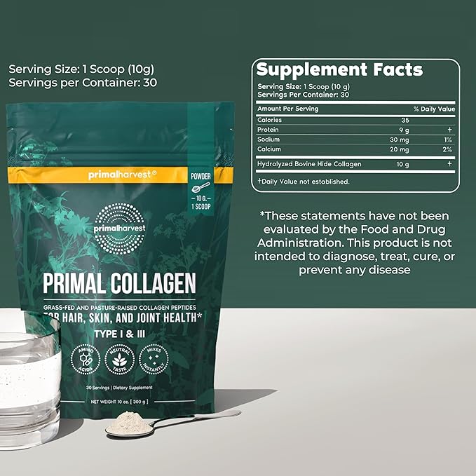 Primal Creatine Powder + Collagen Powder Bundle | 2-Pack | Muscle Recovery Strength and Performance| Unflavored 30 Servings Each