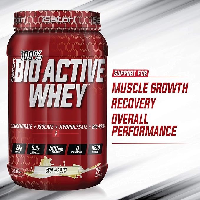 iSatori Bio-Active Whey Protein Powder - Vanilla Swirl (30 Servings) &amp iSatori Classic Blender Bottle (Clear Bottle with Red Top)