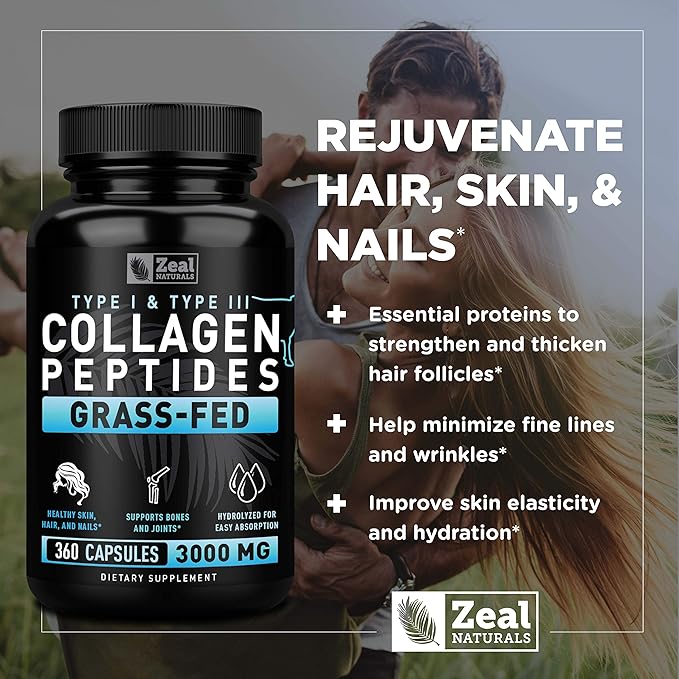 Collagen Peptides Capsules 360 Count - Grass Fed Bovine Hydrolyzed Collagen Pills - Hair Skin &amp Nails Joint Support - Collagen Supplements for Women &amp Men