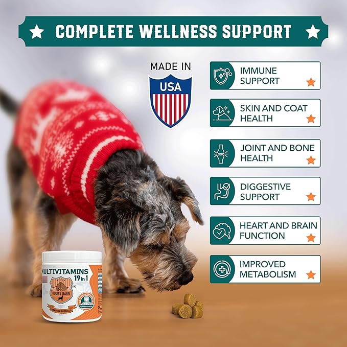 Old Dog's Barn Multivitamins 19 in 1 for Dogs – Glucosamine Salmon Oil Cranberry Powder Hemp Seed Oil (Omega 6) MSM Chondroitin Vitamin C Probiotics Zinc &amp Folic Acid 120 Soft Chews