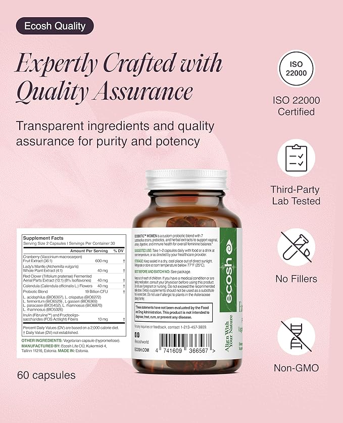 Ecosh Women's Probiotic for PH Balance Urinary Tract &amp Gut Health – Vaginal Probiotics for Women with Prebiotics Lactobacillus Acidophilus &amp Crispatus Natural Cranberry &amp Herbs | 60 Veg