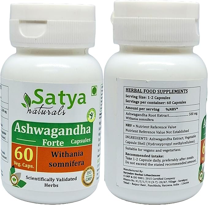 Ashwagandha Forte Capsules 500 mg. 60 Veg. Capsule | Ashwagandha (Withania Sominfera) Extract Capsules for Men and women | Ayurvedic Herbal Supplement/Remedies | 10:1 Forte (2 Bottles of 60 Capsules)