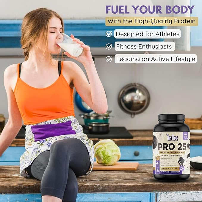 Pro 25 Premium Protein Blend Ultra-Pure Whey Protein Powder with Natural BCAAS for Fast Recovery Digestive Enzymes for Absorption Low Sugar Cookies and Cream Milkshake (2lb)