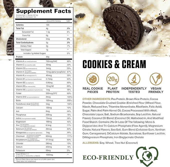 Ambrosia Planta - Plant-Based Protein Powder 20g | Dairy Free Vegan Protein Powder with BCAA Amino Acids | Keto-Friendly No Added Sugar | 25 Servings | Cookies Cream