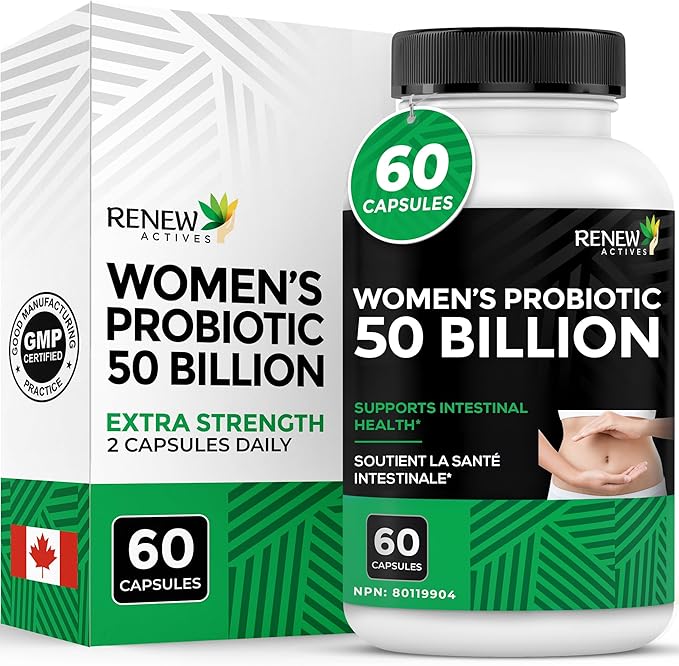 RENEW ACTIVES Probiotics for Women 50 Billion CFU per 2 Capsules – MAKTREK Technology 4 Probiotic Strains &amp Prebiotic Blend– Supports Digestion Health &amp Gut Flora Balance– Made in Canada– 60