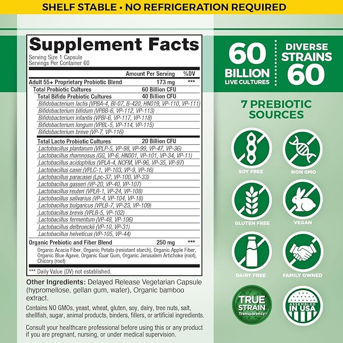 Vital Planet - Vital Flora Adults Over 55 Daily Probiotic 60 Billion CFU Diverse Strains Organic Prebiotics Immune and Digestive Health Shelf Stable Probiotics for Women and Men 60 Capsules