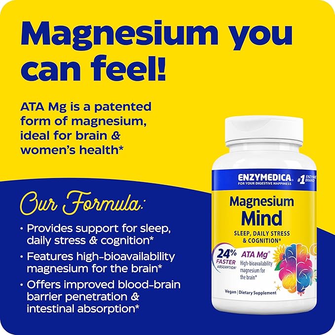 Enzymedica Magnesium Mind with ATA Mg 24% Faster Absorption High-Bioavailability Magnesium for Sleep Stress &amp Cognition 120 Count